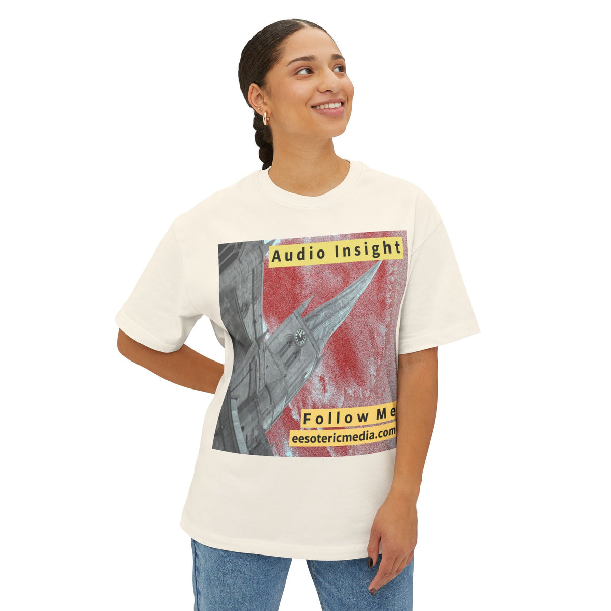 „Follow Me" (Audio Insight) Wetterfestes, raketenförmiges Turm-Design, übergroßes, kastiges T-Shirt