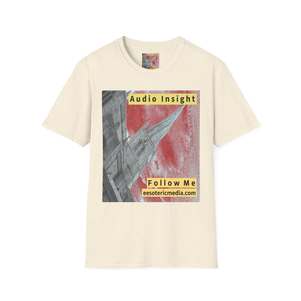 'Follow Me' (Audio Insight) Weathered Rocket-Shaped Spire Design Softstyle T-Shirt
