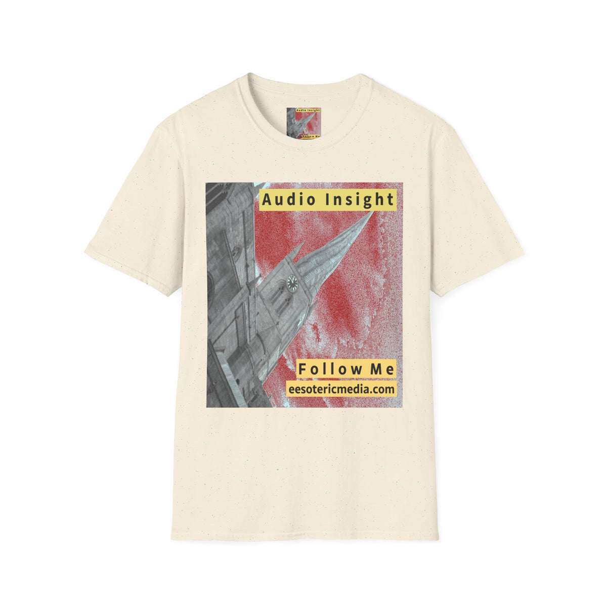 'Follow Me' (Audio Insight) Weathered Rocket-Shaped Spire Design Softstyle T-Shirt