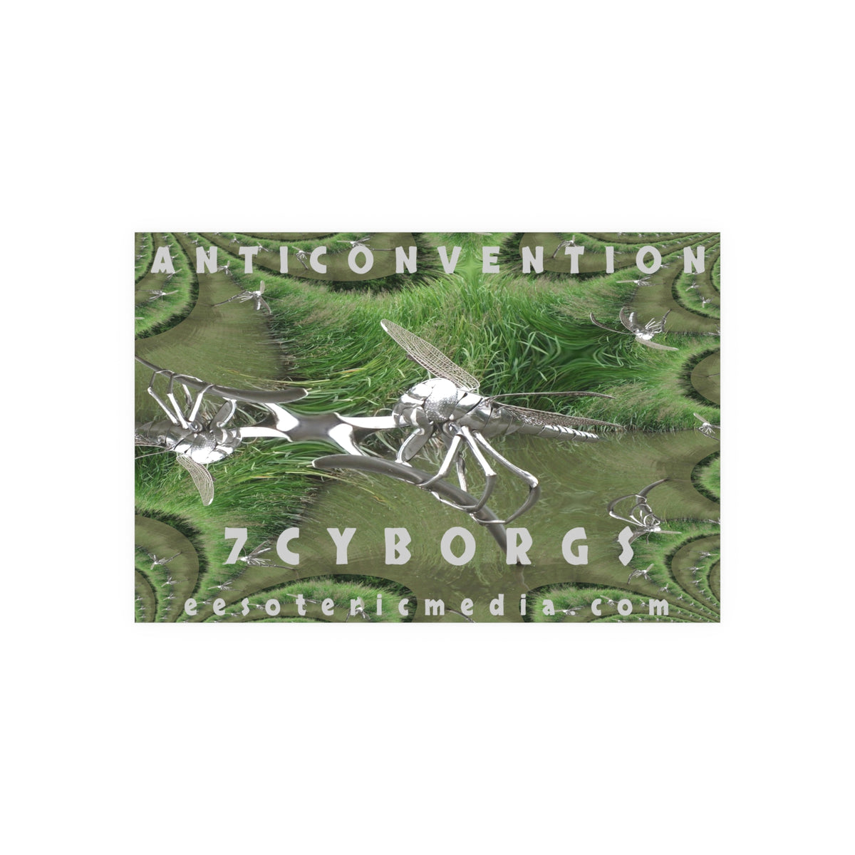 „Anticonvention“ (7Cyborgs) Grafischer Kunstdruck mit einer futuristischen Libelle in Chromoptik, Großformat, 150 × 100 cm