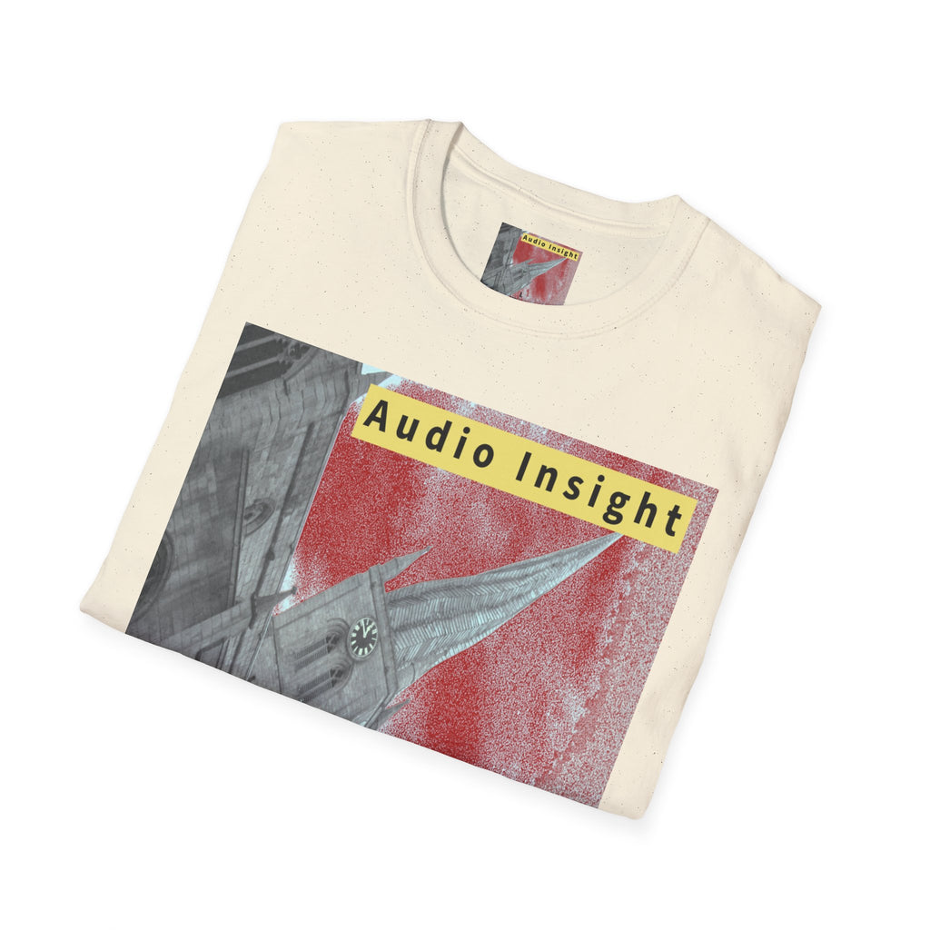 'Follow Me' (Audio Insight) Weathered Rocket-Shaped Spire Design Softstyle T-Shirt