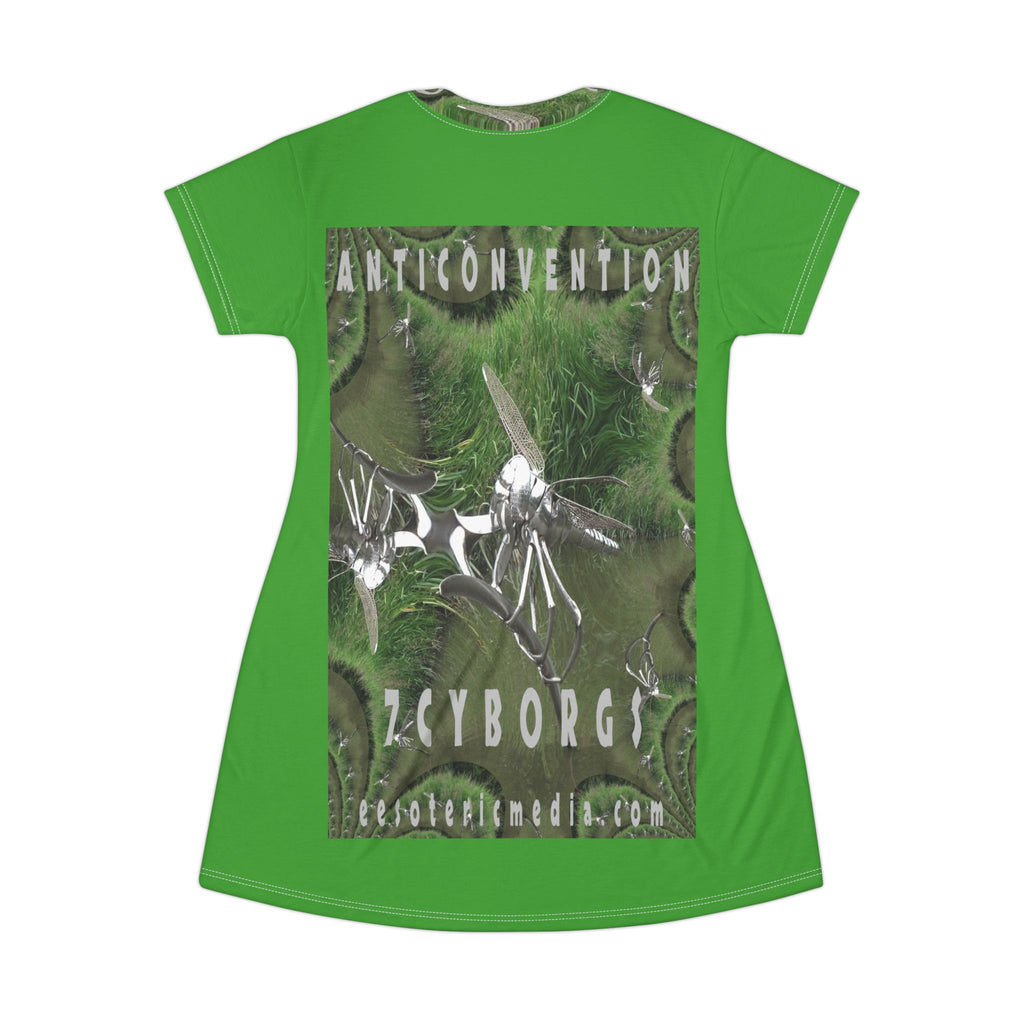'Anticonvention' (7Cyborgs) Vestido Camiseta Verde con Gráfico de Libélula Futurista Cromada