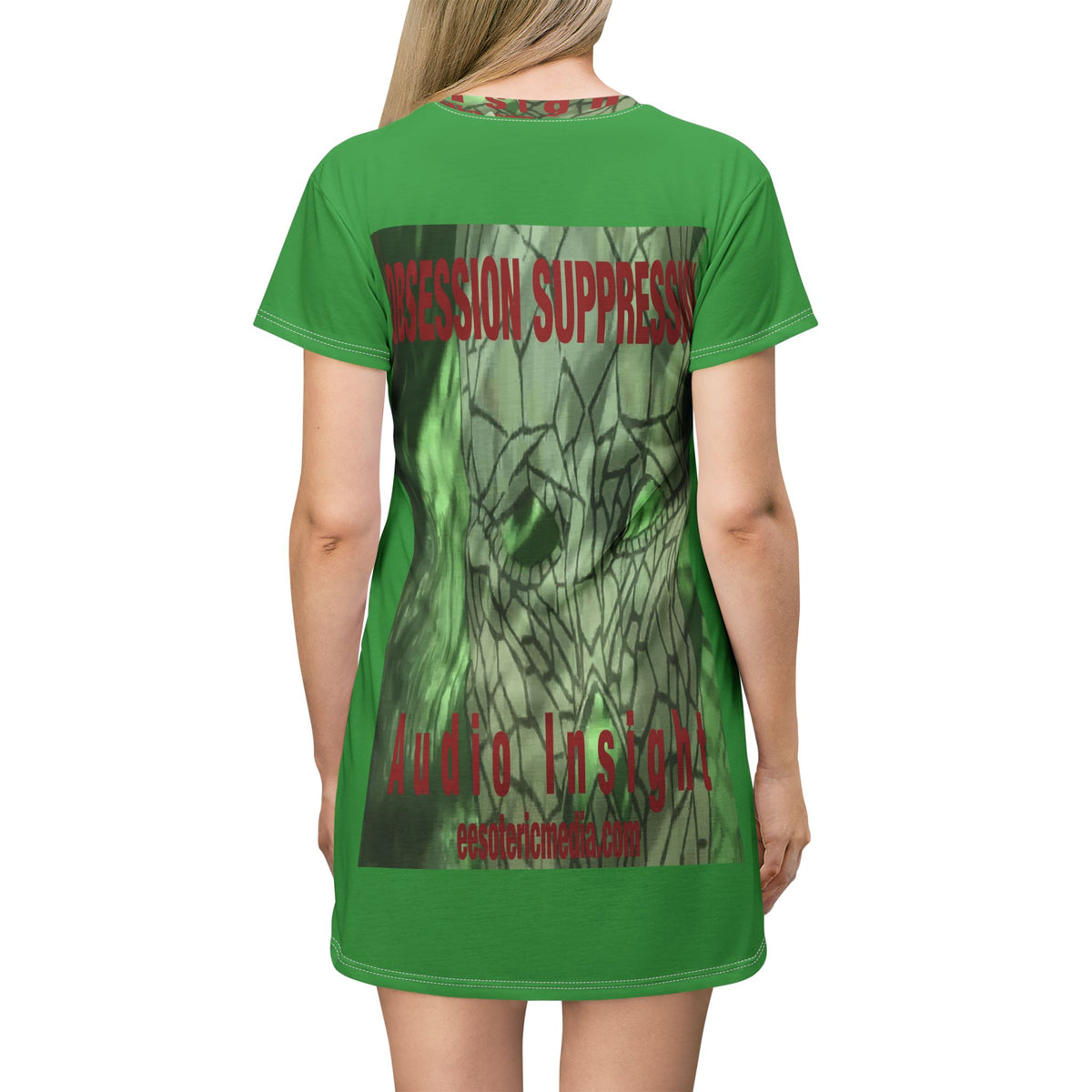 Obsession Suppression' (Audio Insight) Retro Sc-Fi Green Skull Graphic T-Dress