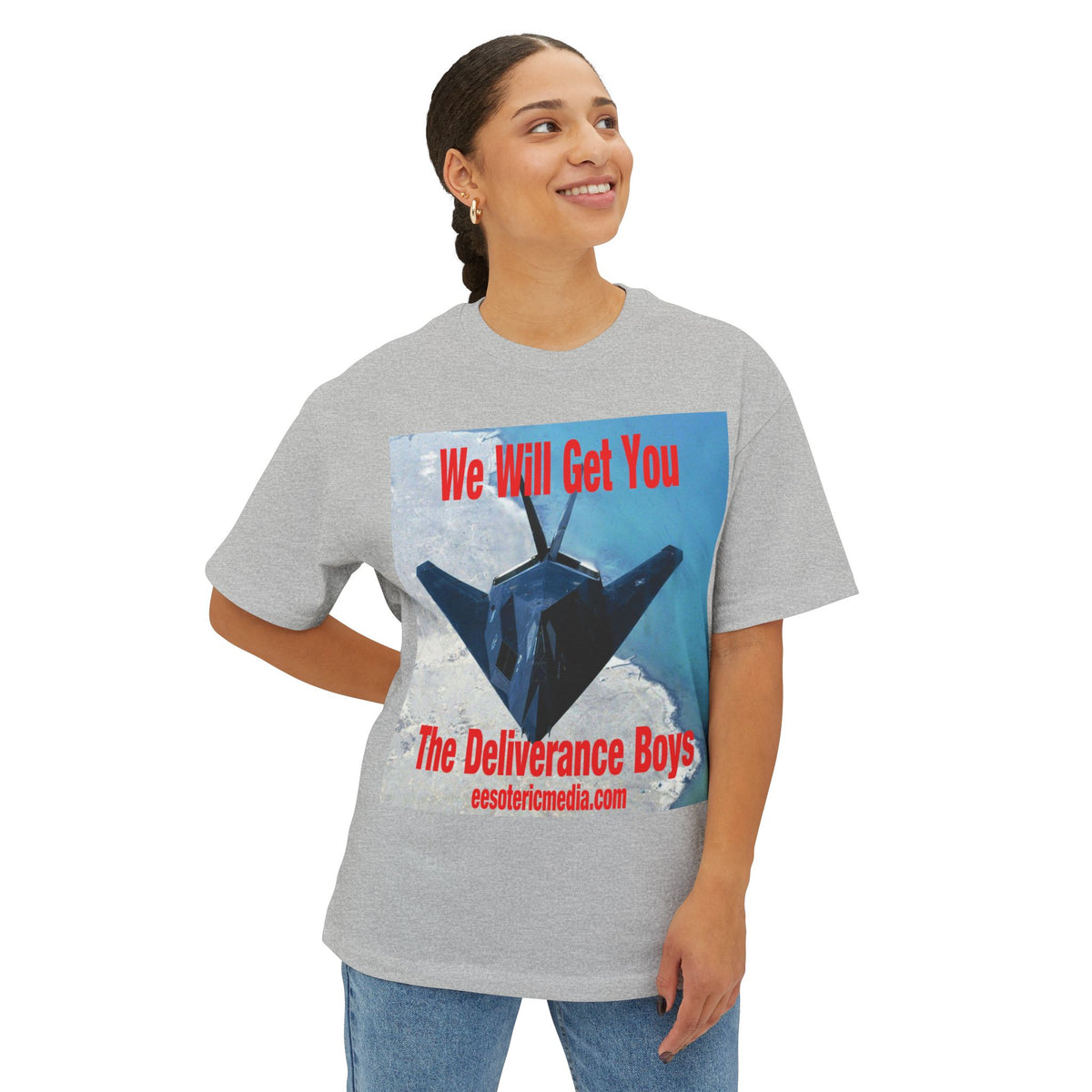 „We Will Get You" (The Deliverance Boys) Stealth-Kampfjet-Grafik-Oversize-T-Shirt