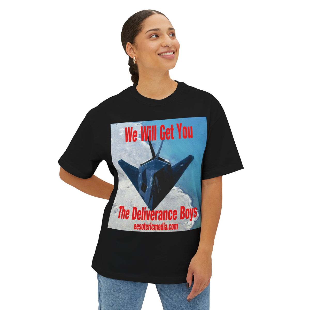 „We Will Get You" (The Deliverance Boys) Stealth-Kampfjet-Grafik-Oversize-T-Shirt