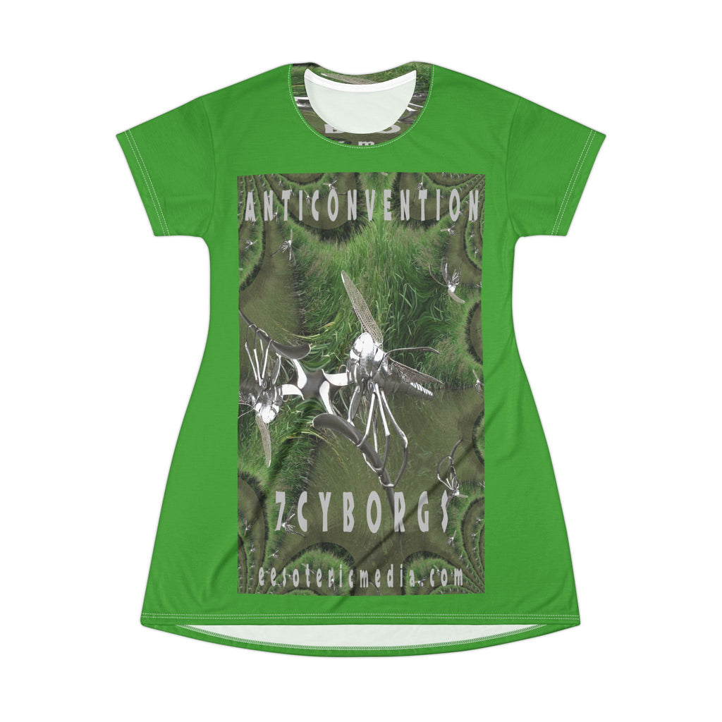 'Anticonvention' (7Cyborgs) Vestido Camiseta Verde con Gráfico de Libélula Futurista Cromada