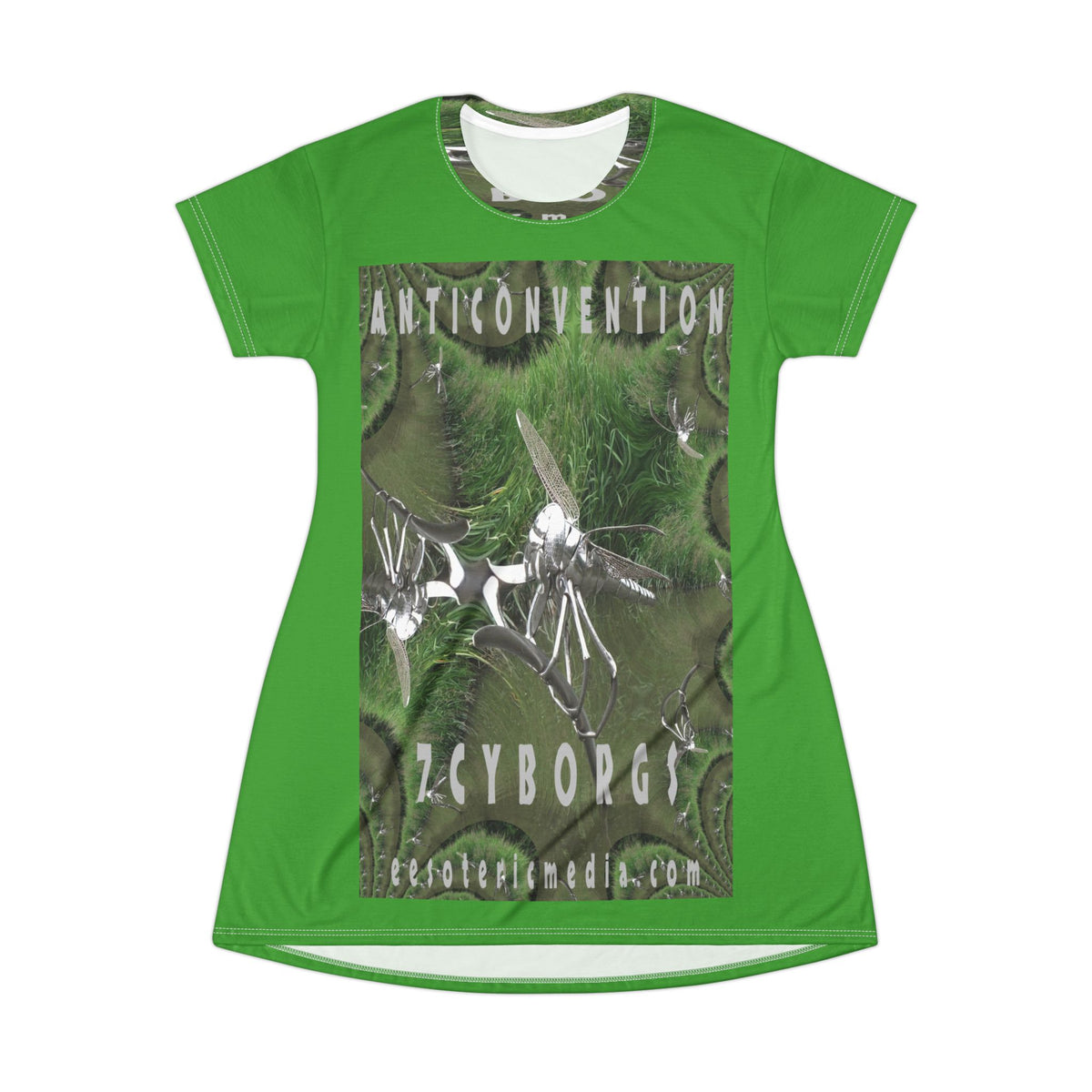'Anticonvention' (7Cyborgs) Futuristic Chrome Dragonfly Graphic Green T-Dress