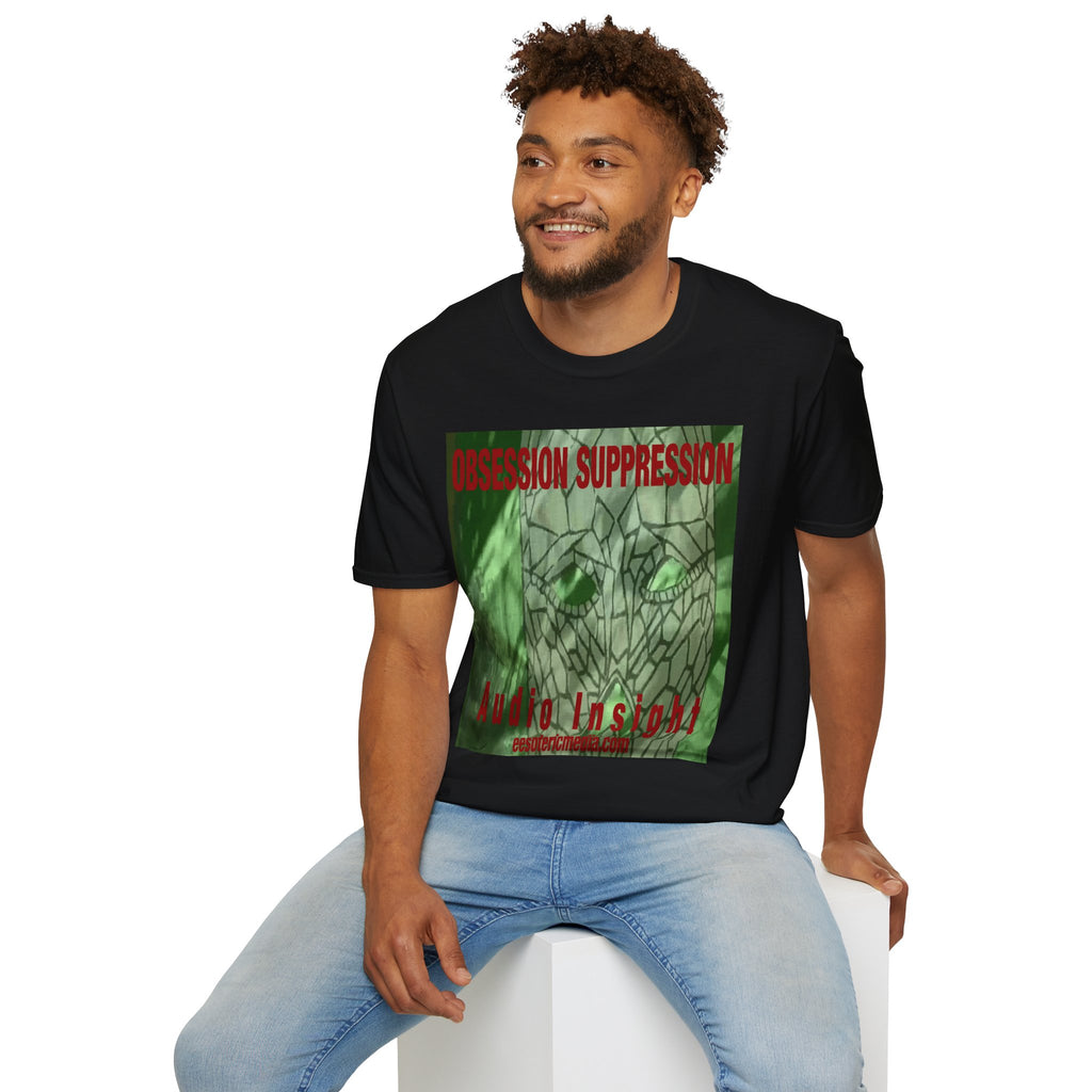'Obsession Suppression' (Audio Insight) レトロSFスカル グラフィック ソフトスタイル Tシャツ