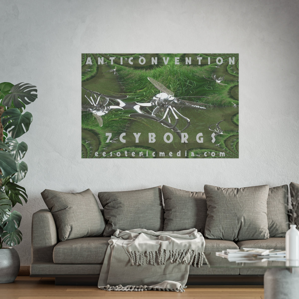 „Anticonvention“ (7Cyborgs) Grafischer Kunstdruck mit einer futuristischen Libelle in Chromoptik, Großformat, 150 × 100 cm