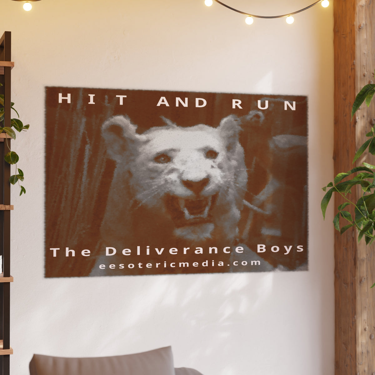 „Hit and Run“ (The Deliverance Boys) Kunstdruck mit einem weißen Löwen, Großformat, 150 × 100 cm
