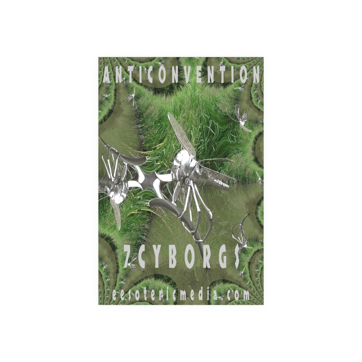 „Anticonvention“ (7Cyborgs) Grafischer Kunstdruck mit einer futuristischen Libelle in Chromoptik, Großformat, 100 × 150 cm