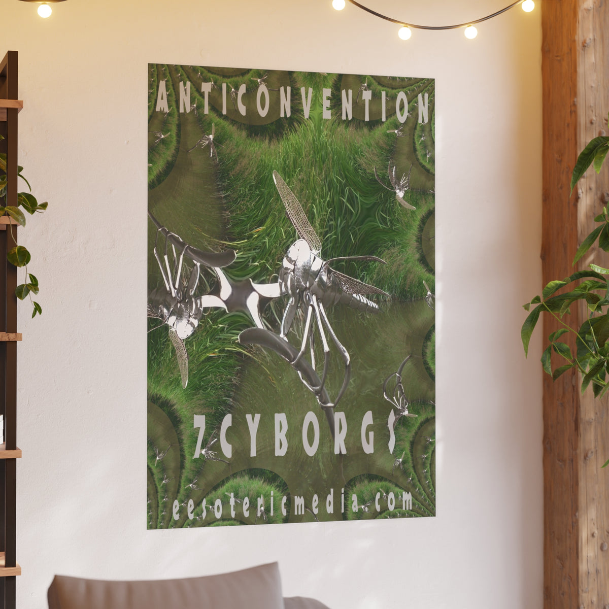 „Anticonvention“ (7Cyborgs) Grafischer Kunstdruck mit einer futuristischen Libelle in Chromoptik, Großformat, 100 × 150 cm