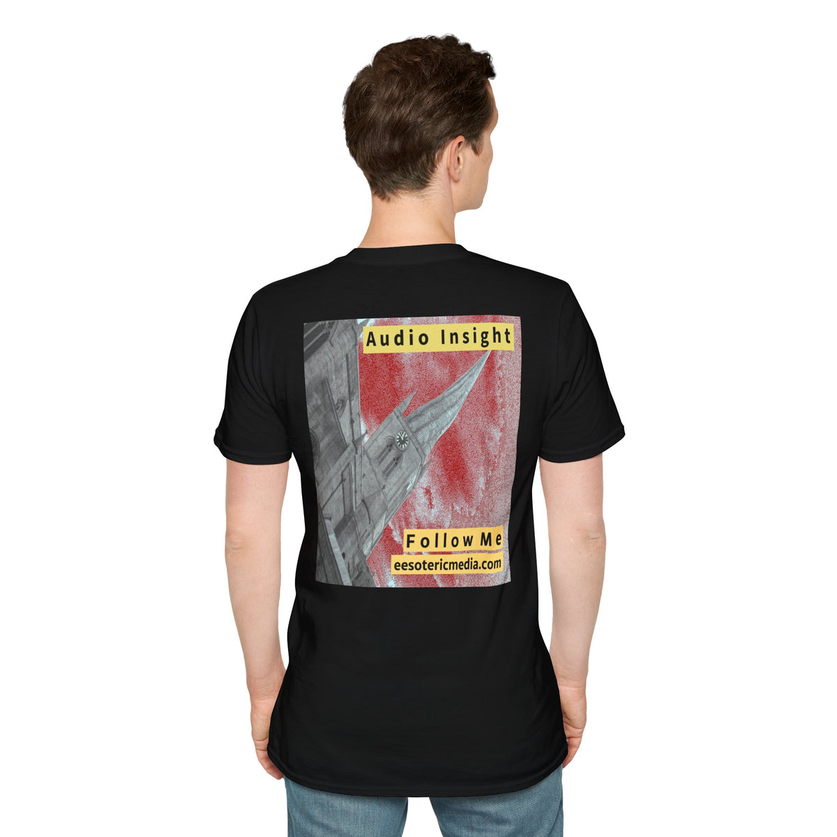 'Follow Me' (Audio Insight) Weathered Rocket-Shaped Spire Design Softstyle T-Shirt