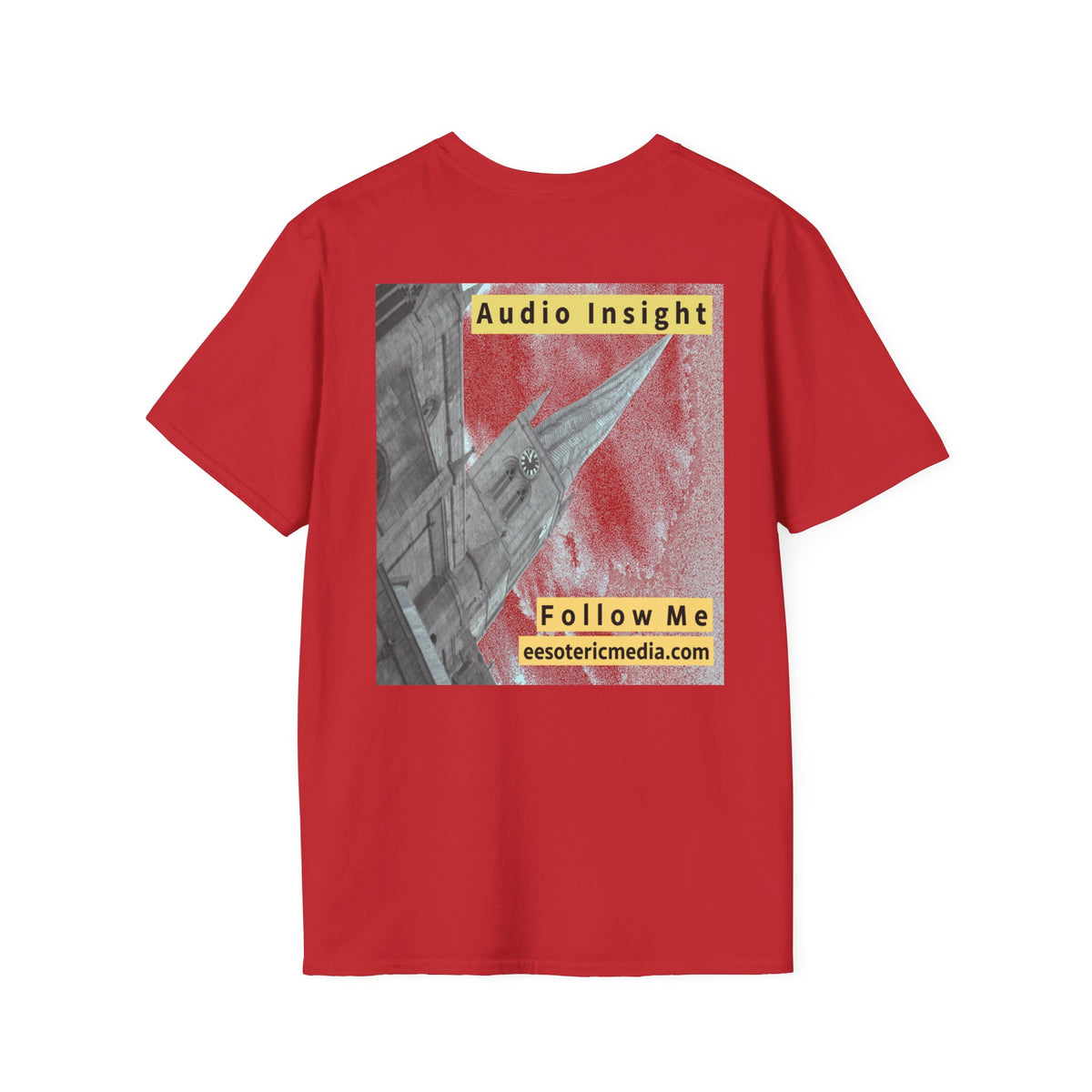 'Follow Me' (Audio Insight) Weathered Rocket-Shaped Spire Design Softstyle T-Shirt
