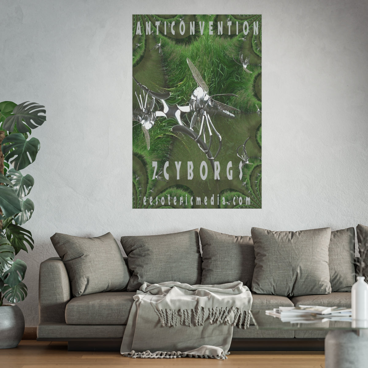 „Anticonvention“ (7Cyborgs) Grafischer Kunstdruck mit einer futuristischen Libelle in Chromoptik, Großformat, 100 × 150 cm