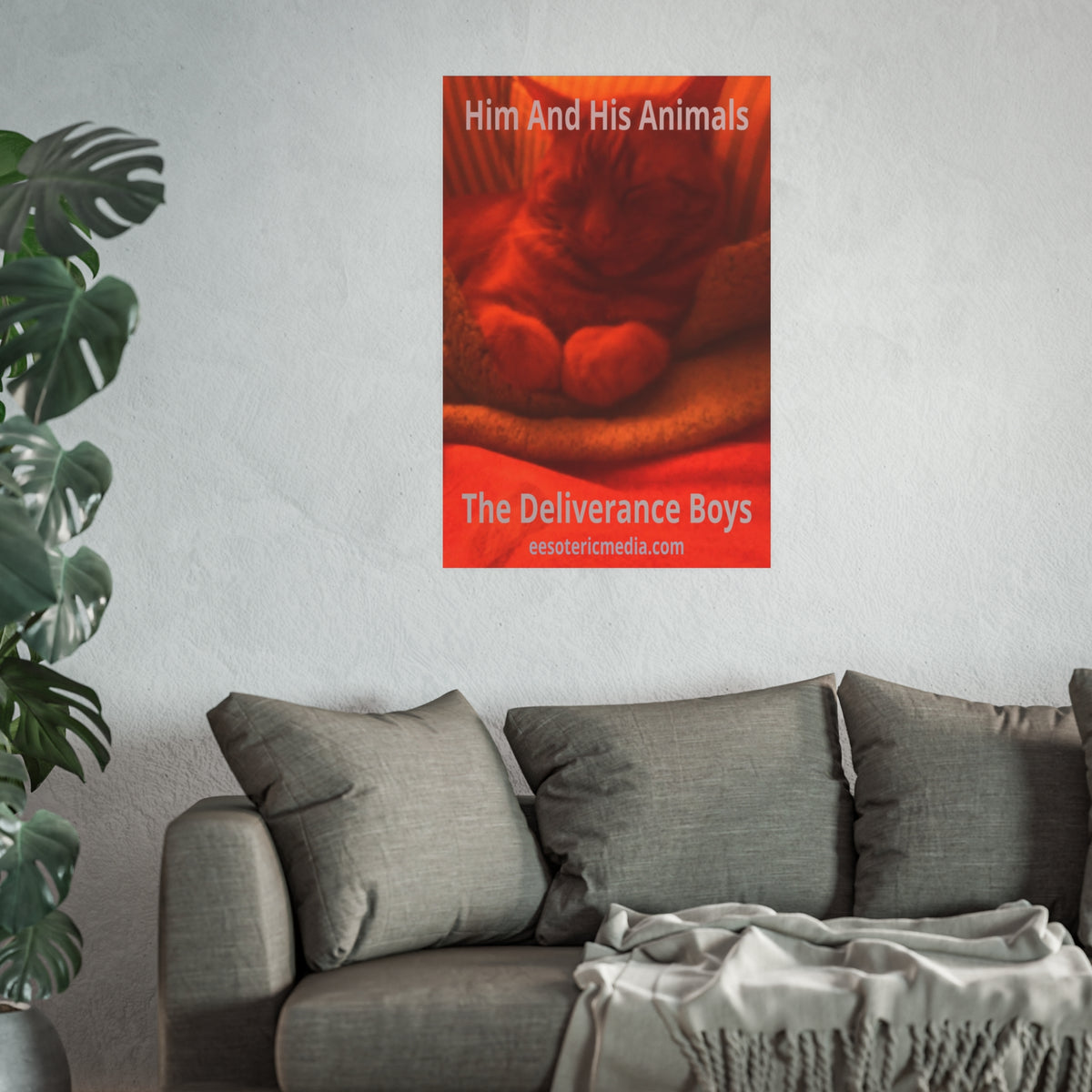 'Him And His Animals' (PersonaU) Red/Orange Surreal Feline Art Print 24"x36" (60cm x 90cm)