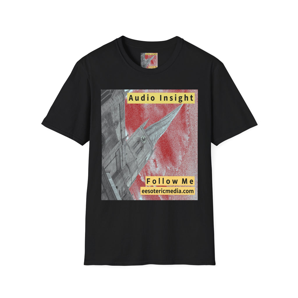 'Follow Me' (Audio Insight) Weathered Rocket-Shaped Spire Design Softstyle T-Shirt