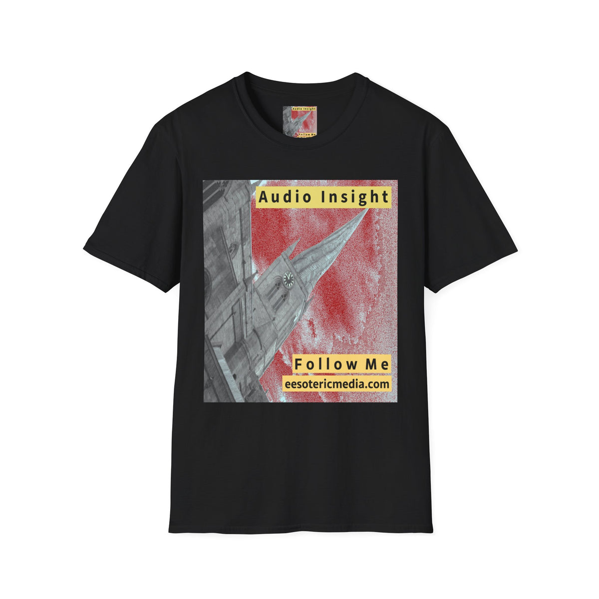 'Follow Me' (Audio Insight) Weathered Rocket-Shaped Spire Design Softstyle T-Shirt