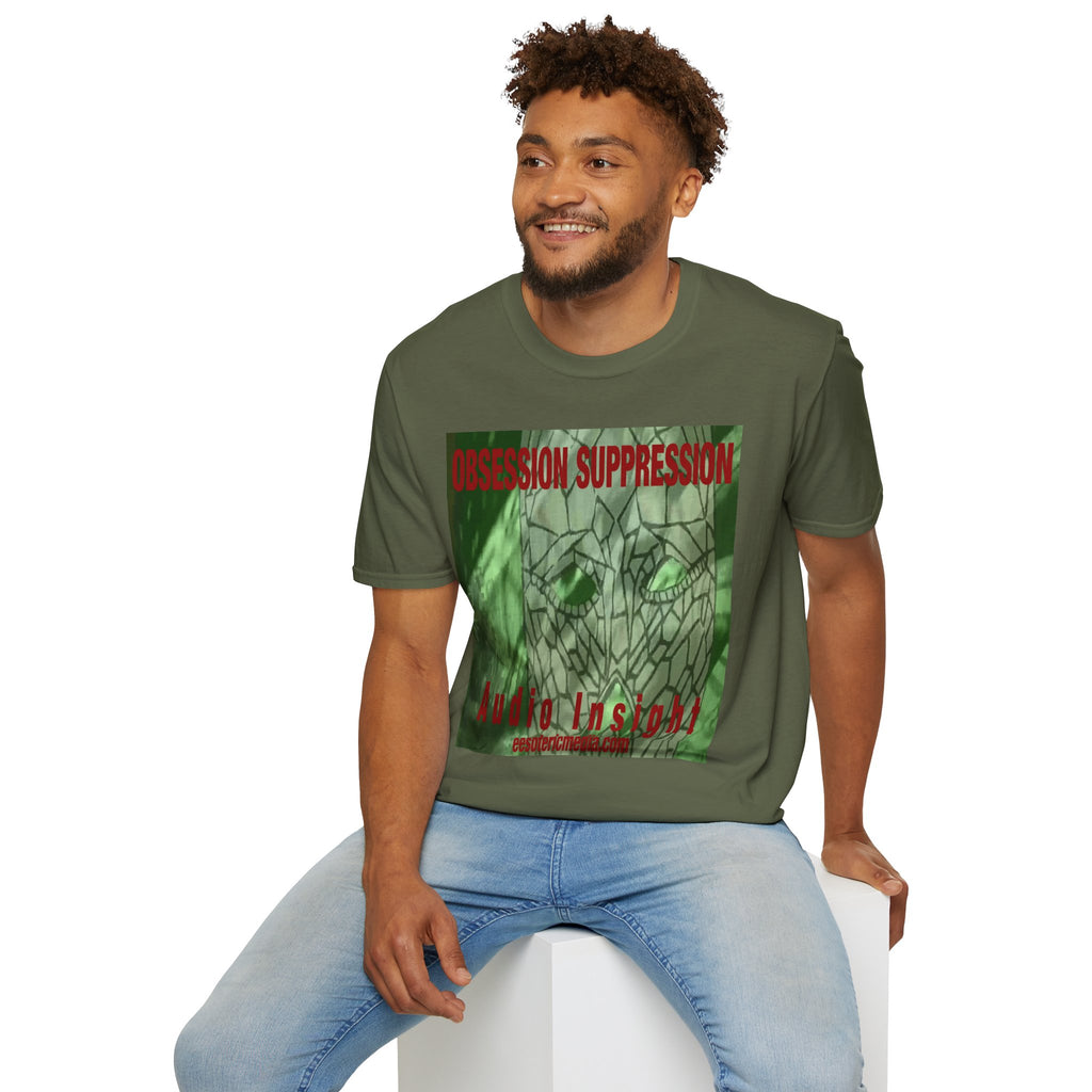 'Obsession Suppression' (Audio Insight) レトロSFスカル グラフィック ソフトスタイル Tシャツ