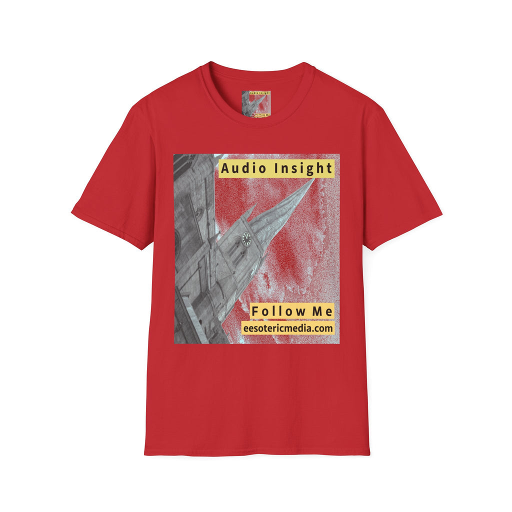 'Follow Me' (Audio Insight) Weathered Rocket-Shaped Spire Design Softstyle T-Shirt