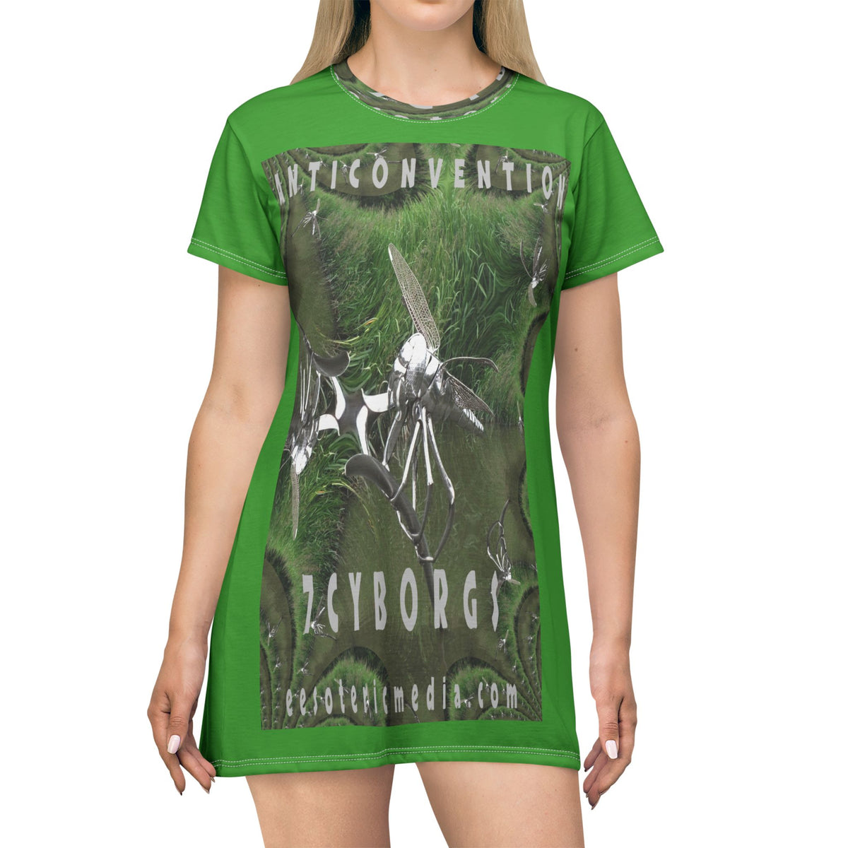 'Anticonvention' (7Cyborgs) Futuristic Chrome Dragonfly Graphic Green T-Dress