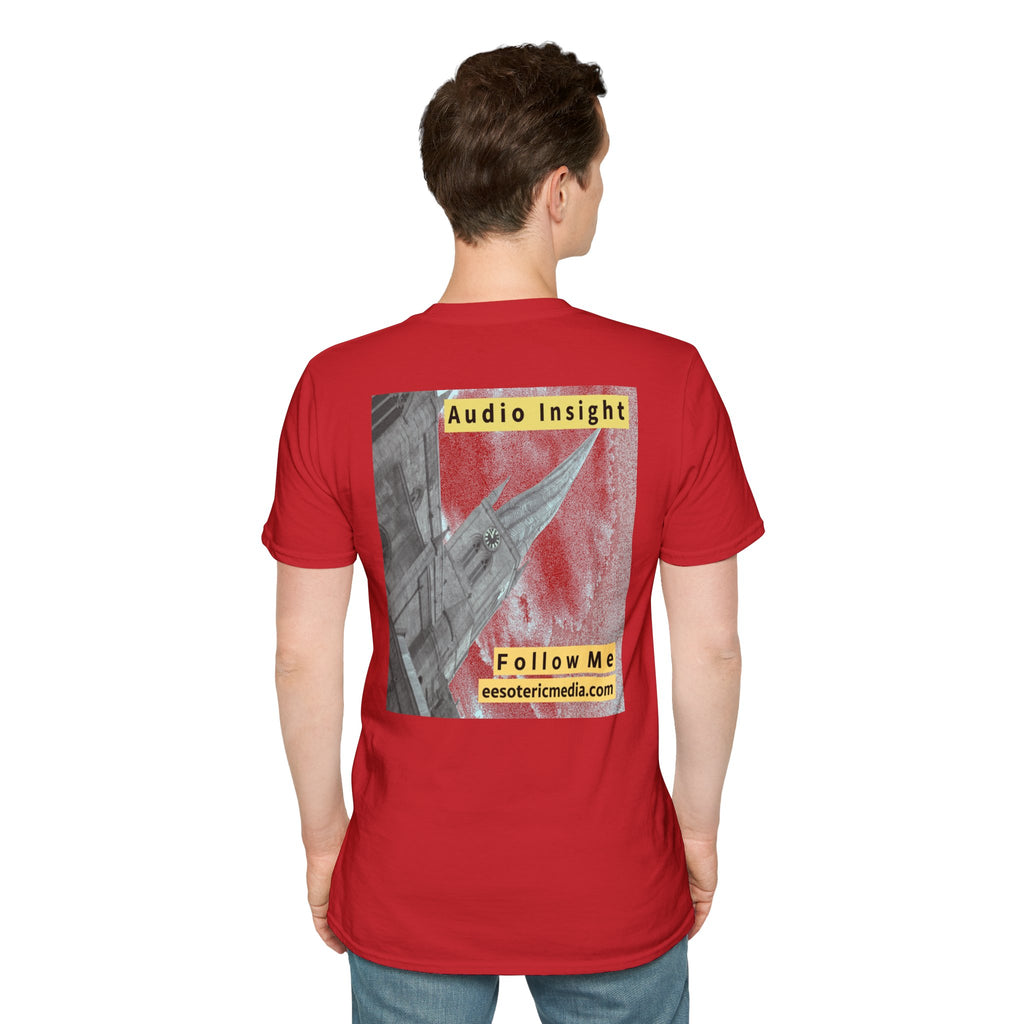 'Follow Me' (Audio Insight) Weathered Rocket-Shaped Spire Design Softstyle T-Shirt