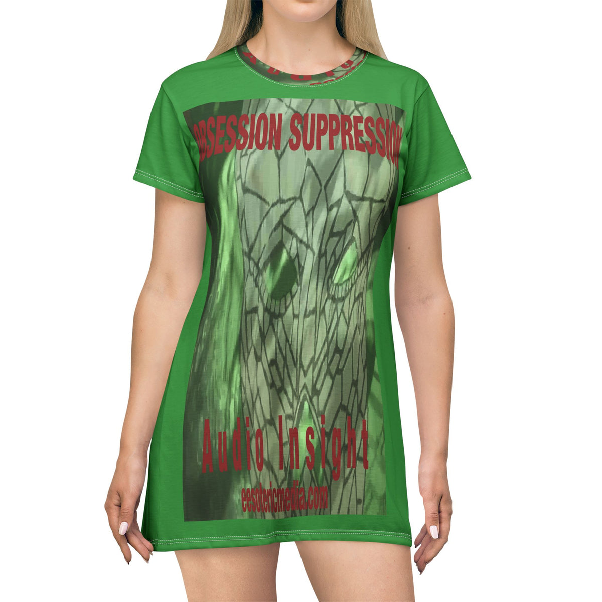 Obsession Suppression' (Audio Insight) Retro Sc-Fi Green Skull Graphic T-Dress