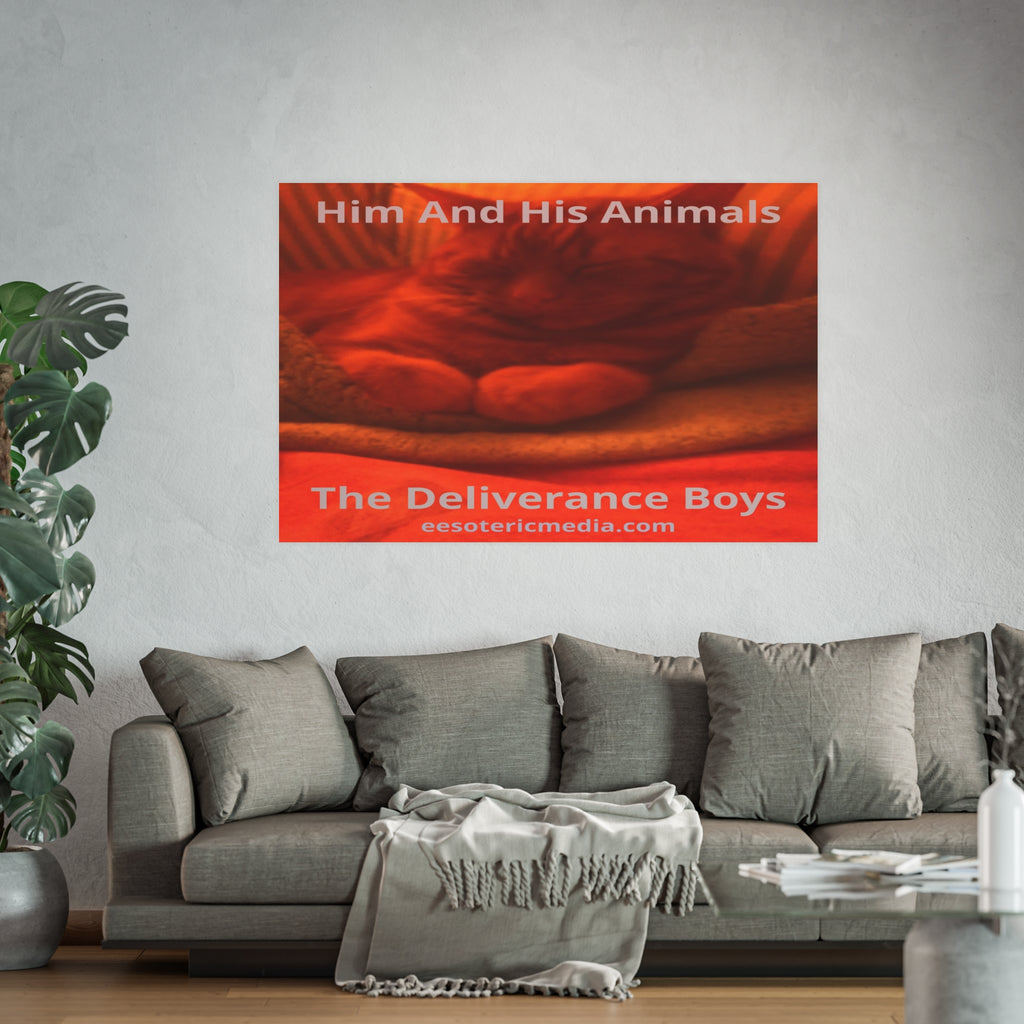 „Him And His Animals“ (PersonaU) Surrealer Kunstdruck mit einer rot orangen Raubkatze, Großformat, 150 × 100 cm