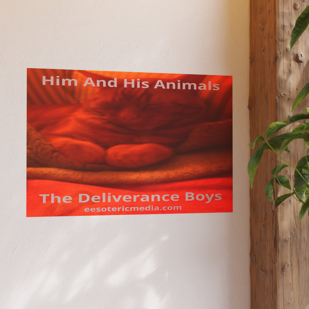 „Him And His Animals“ (PersonaU) Surrealer Kunstdruck mit einer rot orangen Raubkatze, 90 × 60 cm
