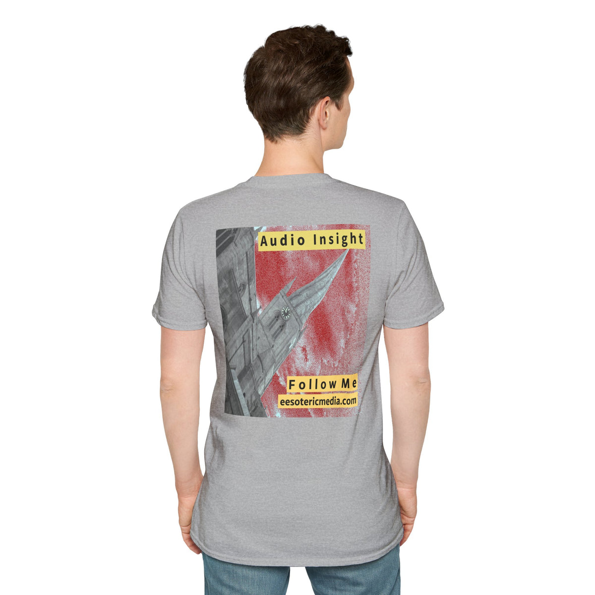 'Follow Me' (Audio Insight) Weathered Rocket-Shaped Spire Design Softstyle T-Shirt