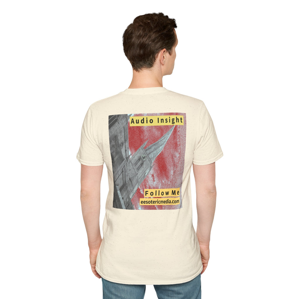 'Follow Me' (Audio Insight) Weathered Rocket-Shaped Spire Design Softstyle T-Shirt