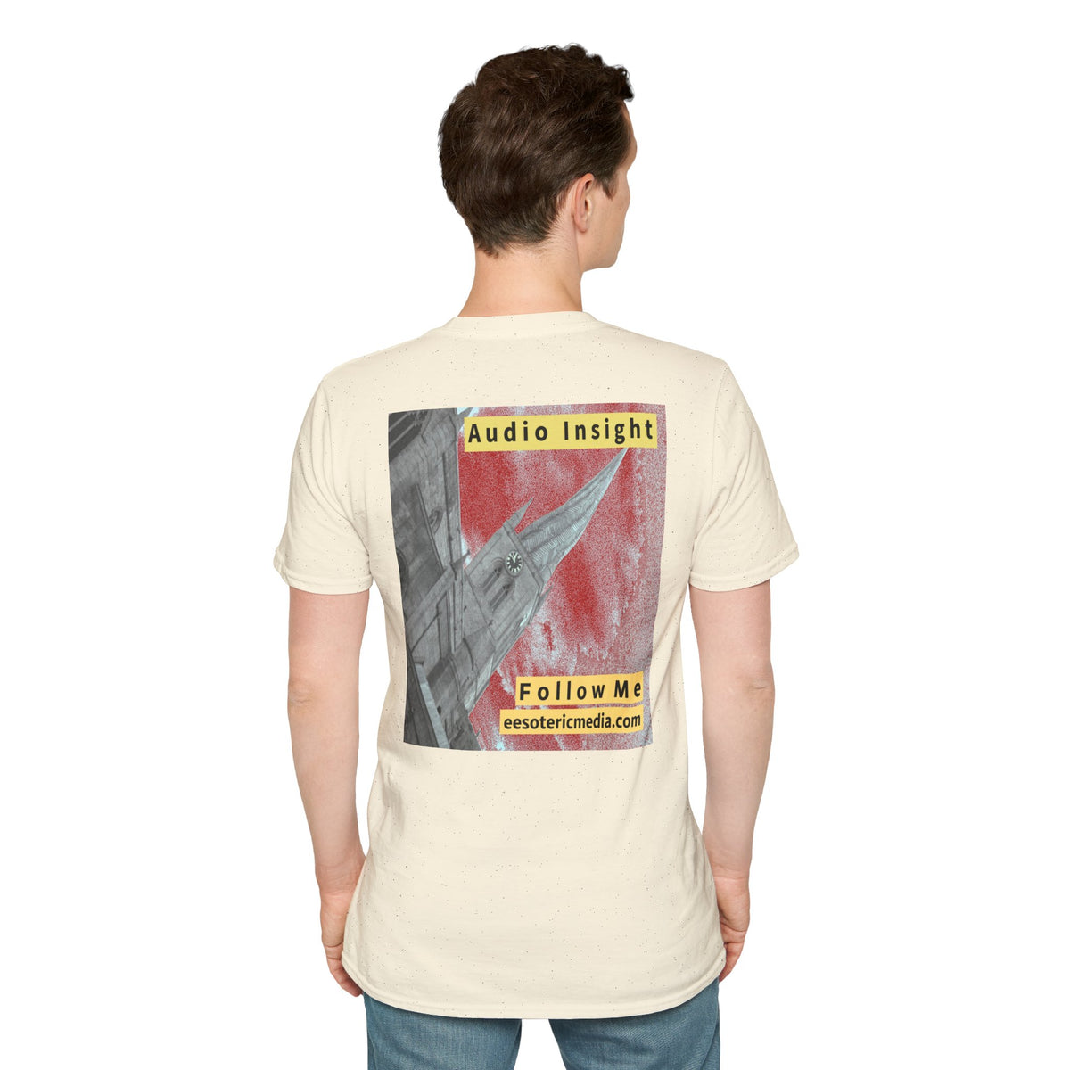 'Follow Me' (Audio Insight) Weathered Rocket-Shaped Spire Design Softstyle T-Shirt
