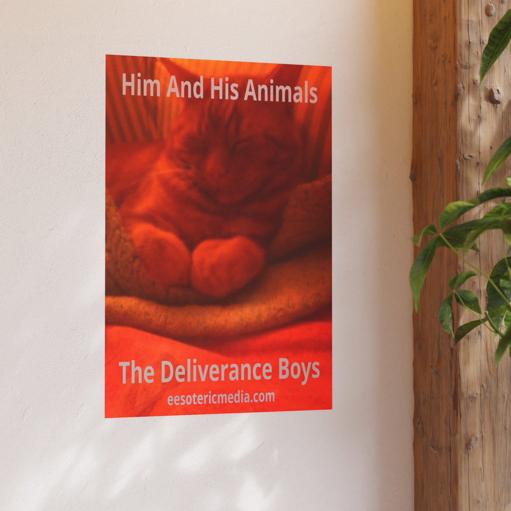 'Him And His Animals' (PersonaU) लाल/नारंगी अतियथार्थवादी बिल्ली का कला प्रिंट 24"x36" (60cm x 90cm)