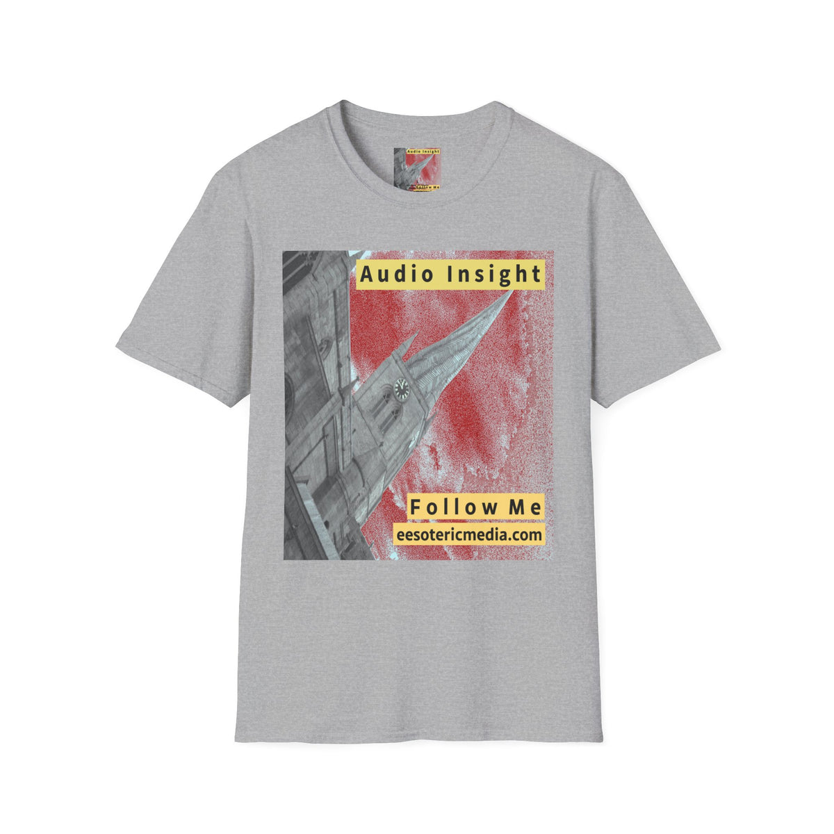 'Follow Me' (Audio Insight) Weathered Rocket-Shaped Spire Design Softstyle T-Shirt
