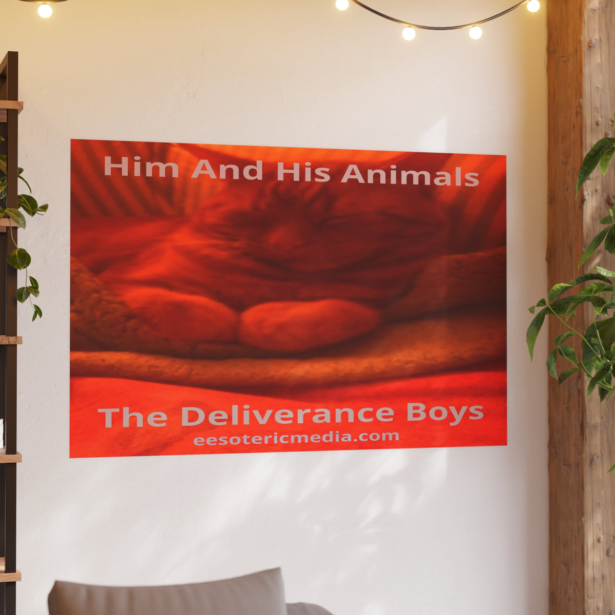 Large 'Him And His Animals' (PersonaU) Red/Orange Surreal Feline Art Print 60"x40" (150cm x 100cm)