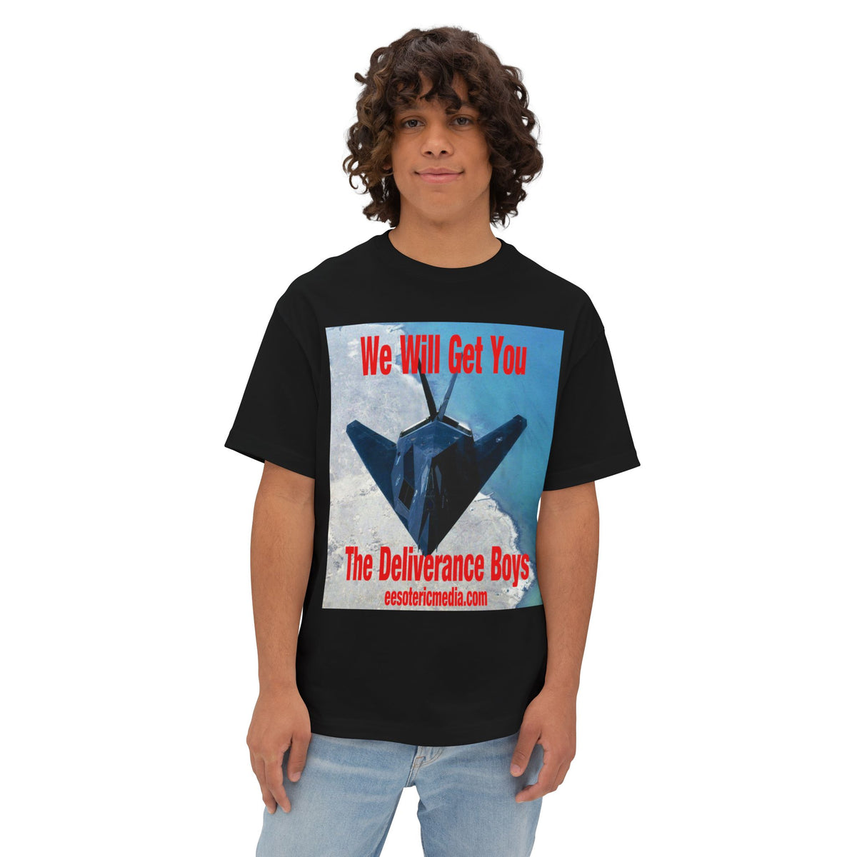 „We Will Get You" (The Deliverance Boys) Stealth-Kampfjet-Grafik-Oversize-T-Shirt