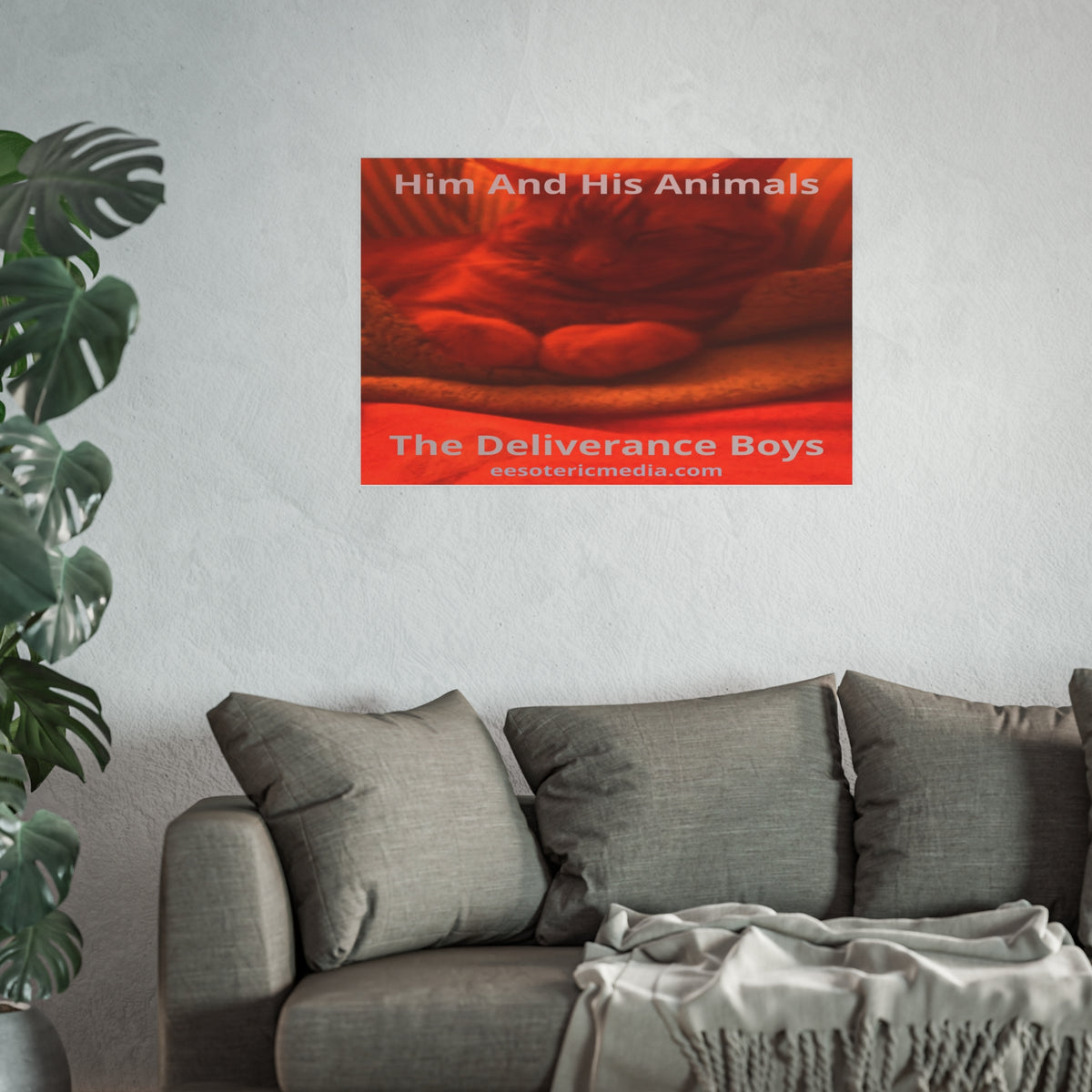 'Him And His Animals' (PersonaU) Red/Orange Surreal Feline Art Print 36"x24" (90cm x 60cm)