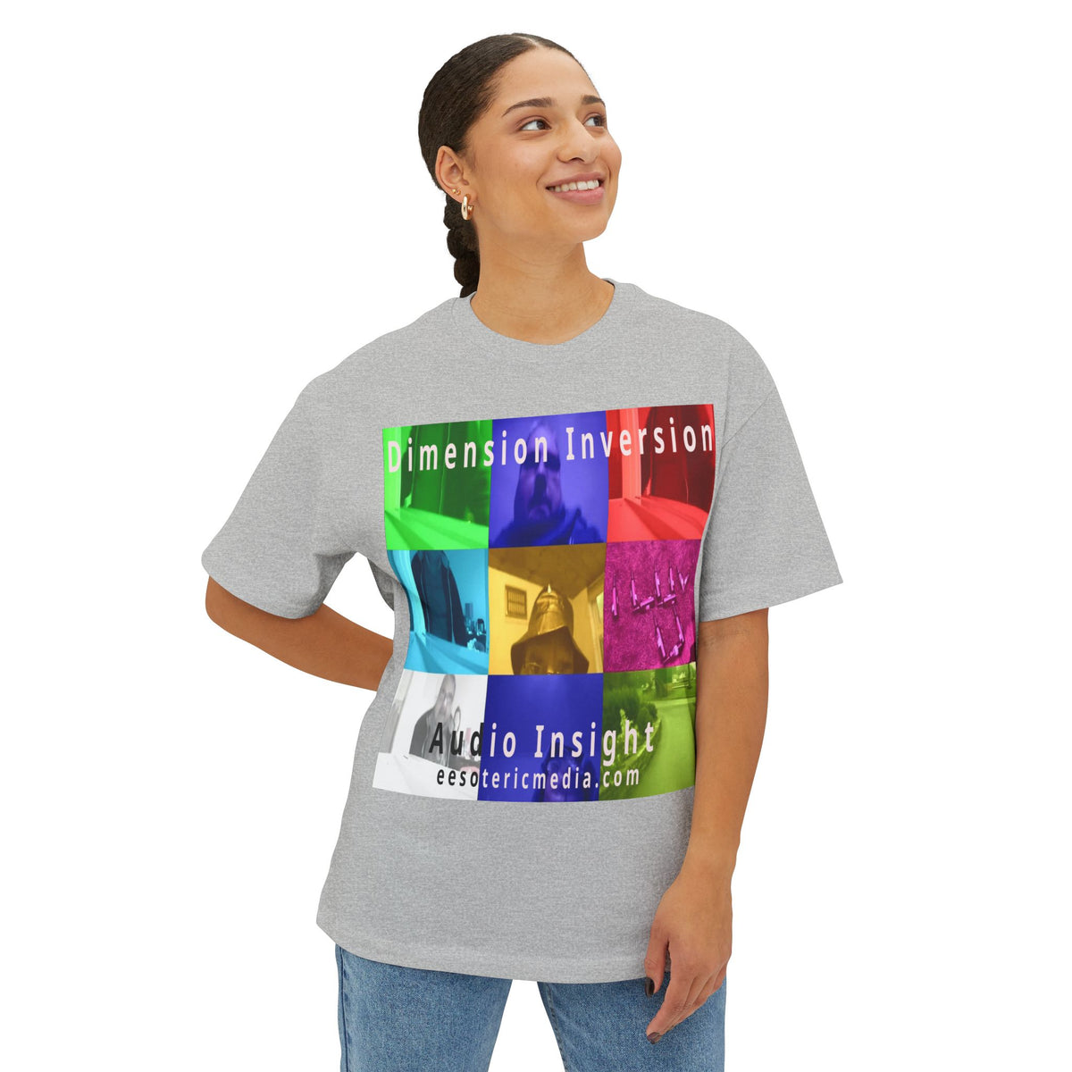 „Dimension Inversion" (Audio Insight) Buntes, surreales Collage-Grafik-T-Shirt in Oversize-Passform