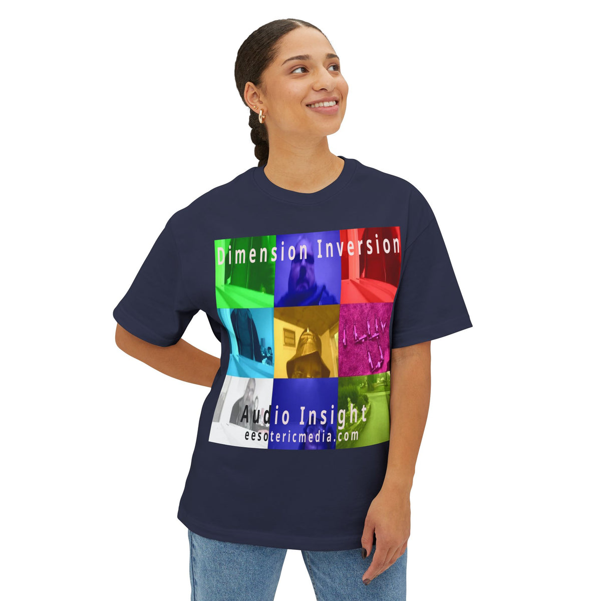 „Dimension Inversion" (Audio Insight) Buntes, surreales Collage-Grafik-T-Shirt in Oversize-Passform