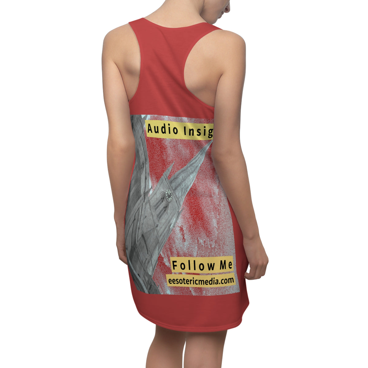 'Follow Me' (Audio Insight) Weathered Rocket-Shaped Spire Design Cut & Sew Racerback Dress