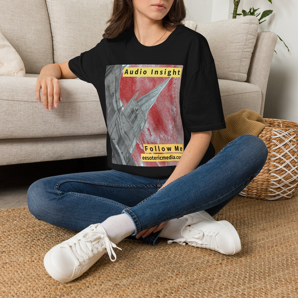 'Follow Me' (Audio Insight) Weathered Rocket-Shaped Spire Design Softstyle T-Shirt