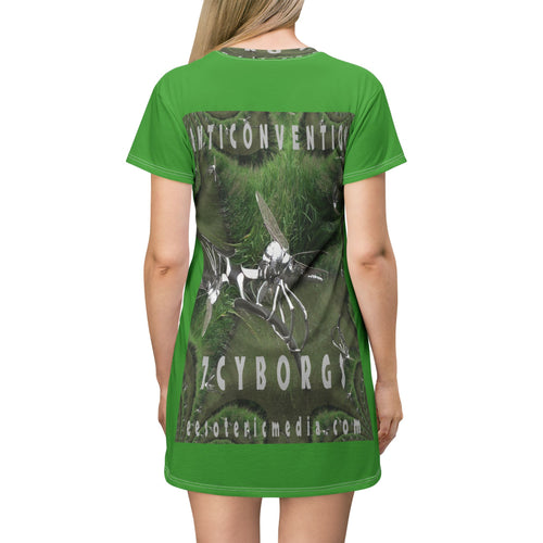 'Anticonvention' (7Cyborgs) Futuristic Chrome Dragonfly Graphic Green T-Dress