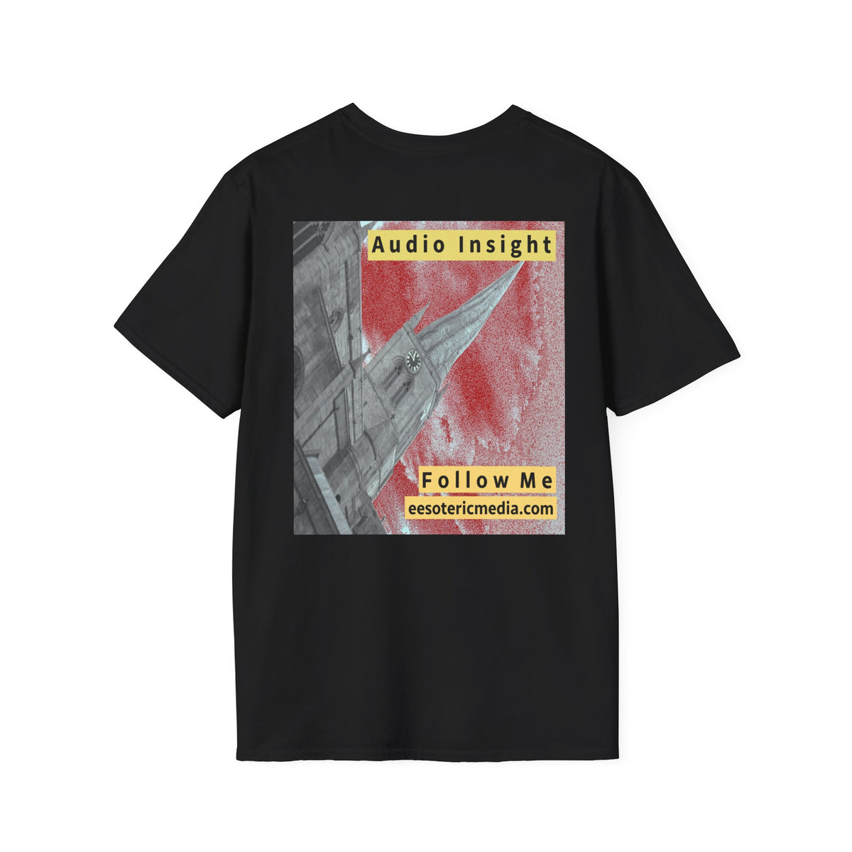 'Follow Me' (Audio Insight) Weathered Rocket-Shaped Spire Design Softstyle T-Shirt