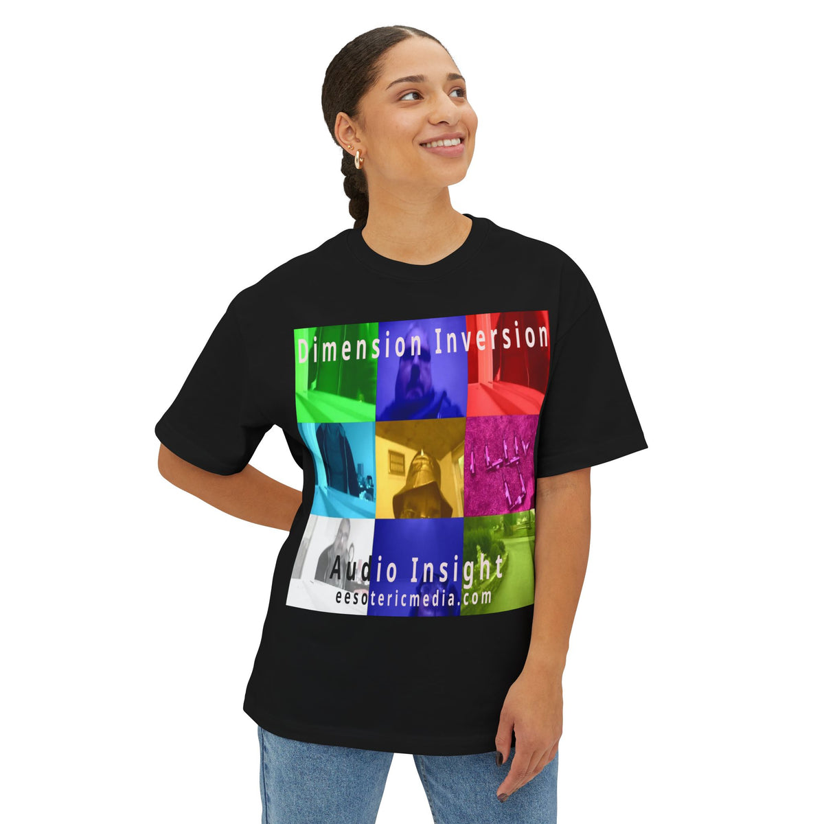 „Dimension Inversion" (Audio Insight) Buntes, surreales Collage-Grafik-T-Shirt in Oversize-Passform